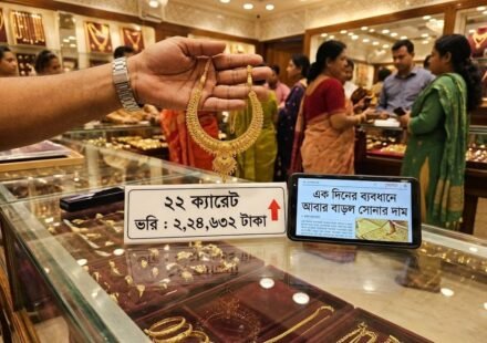 এক দিনের ব্যবধানে আবার বাড়ল সোনার দাম, ২২ ক্যারেটের ভরি ২ লাখ ২৪ হাজার ৬৩২ টাকা